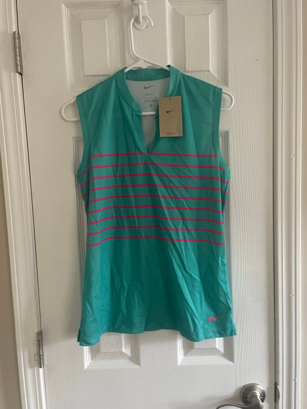 Nike Womens Polo Size Small Dri-FIT Victory Striped Golf Green Pink, A60